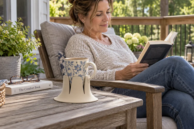 Adult reading outdoors on wooden backyard deck with open high-handled coffee mug in Steadi on wide level deck side table beside reader, comfortably reached. AI illustration.