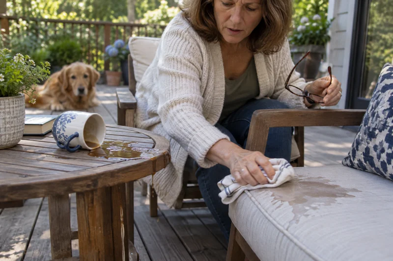 Reaching for reading glasses knocks coffee; it runs across deck side table onto chair cushion. AI illustration.